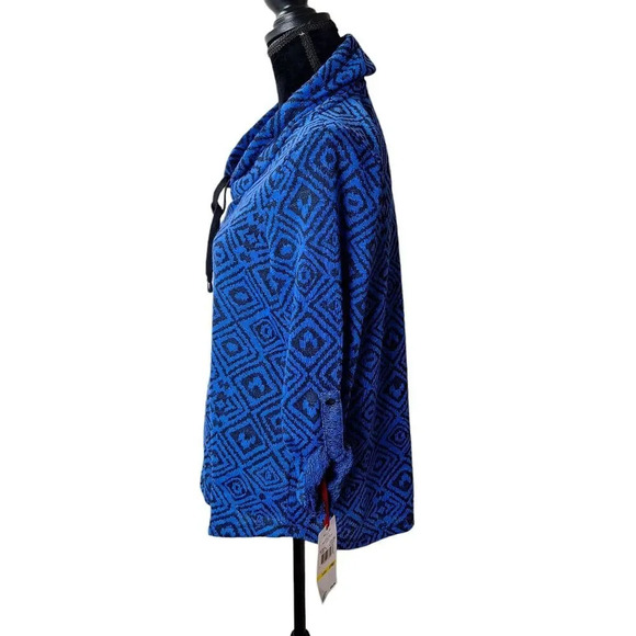 Ruby Rd Petite Med Blue Black Drawstring Cowl Neck Roll-Tab Sweater Top Pocket - Picture 2 of 9